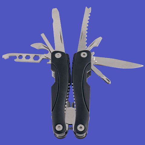 pinza de acero inoxidable y mango negro con herramientas